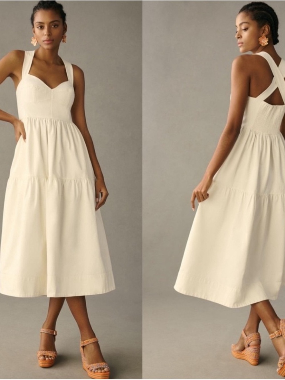 Anthropologie Forever That Girl Cream Midi Dress with Sweetheart Neckline